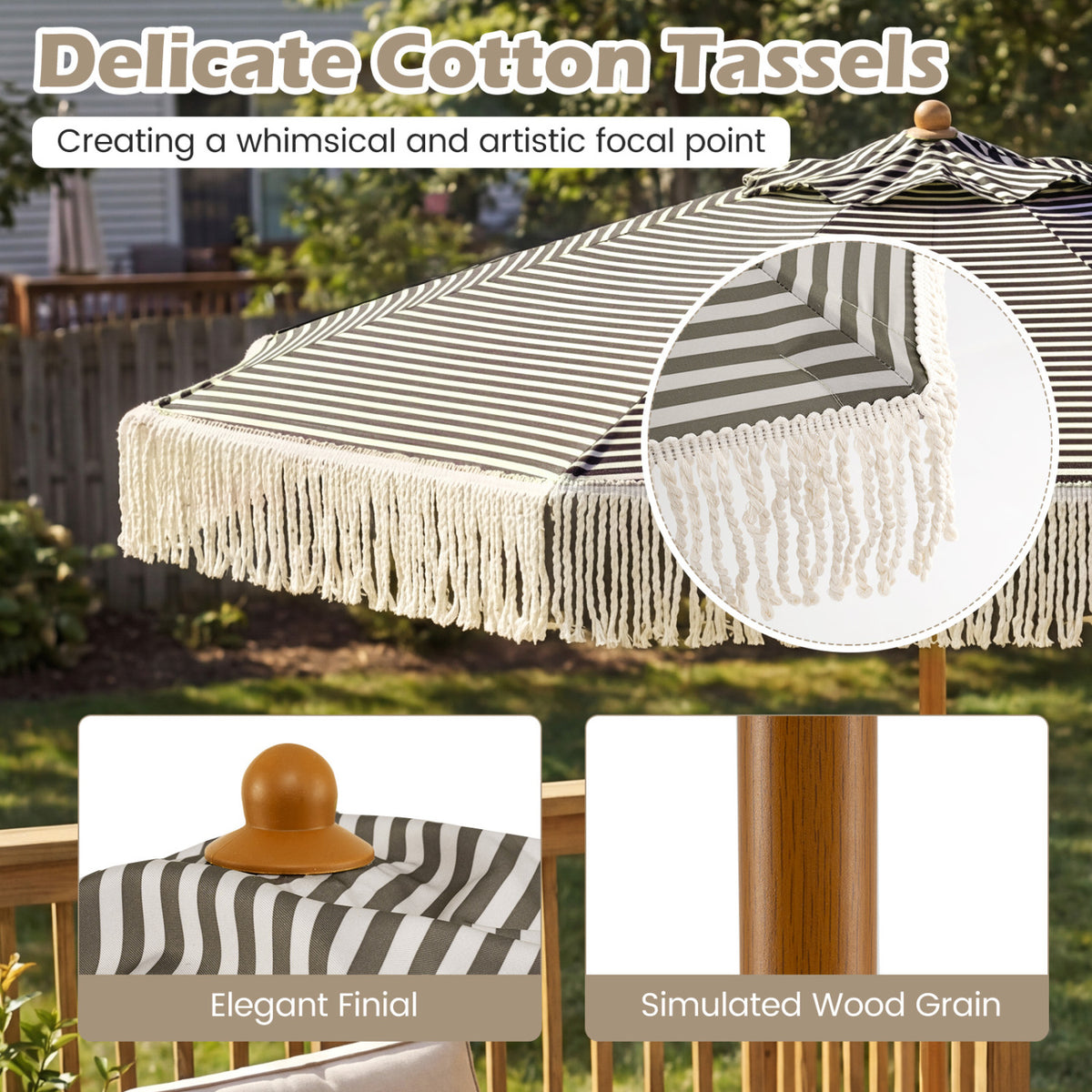 7 Feet Patio Umbrella with Fringe Sun-Protective Beach Umbrella with Boho Tassel-Green view 9