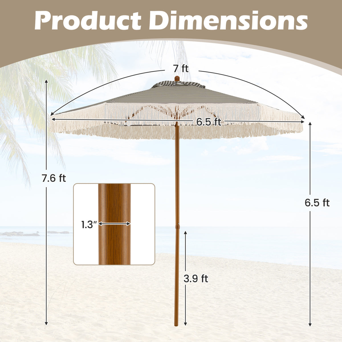 7 Feet Patio Umbrella with Fringe Sun-Protective Beach Umbrella with Boho Tassel-Green view 5