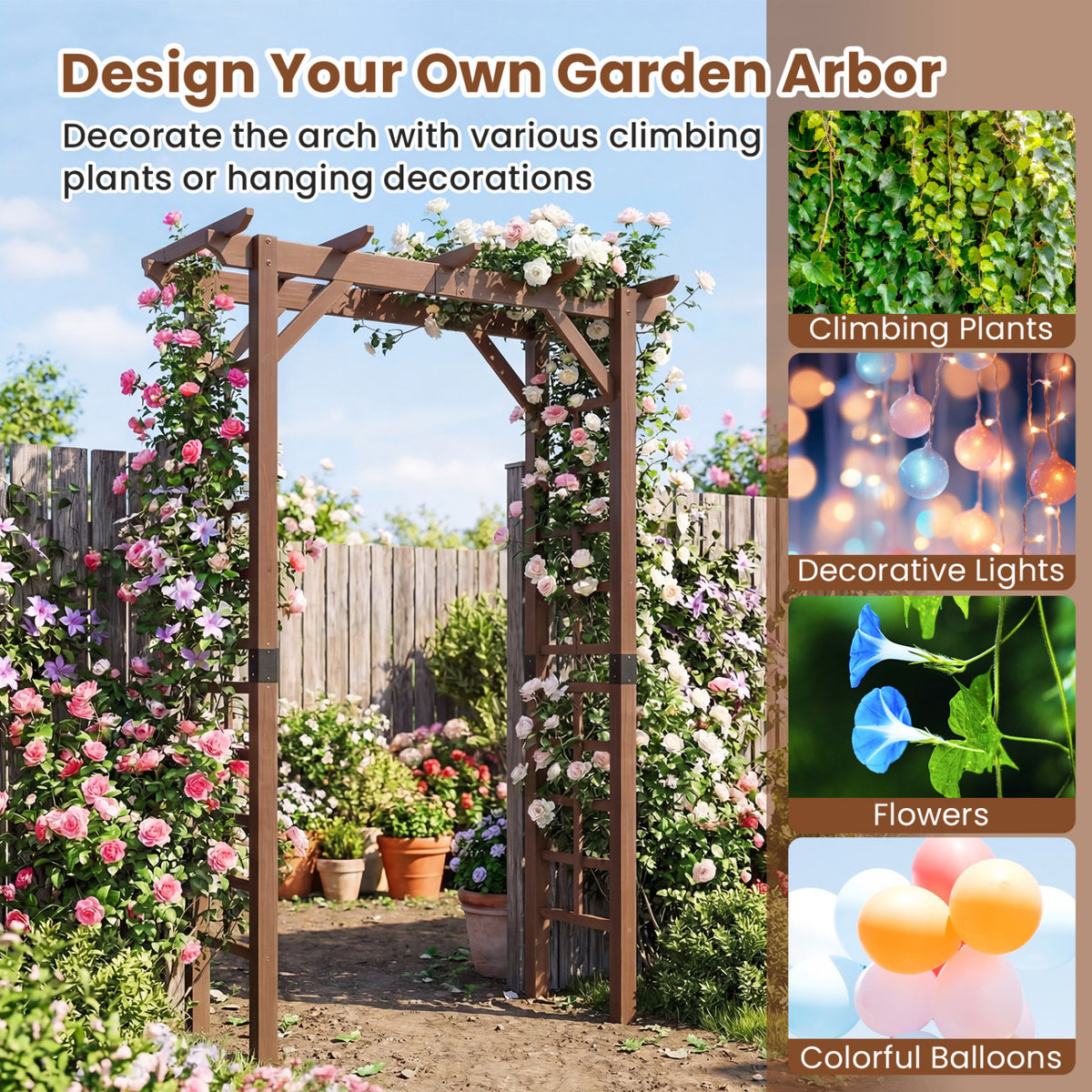7 Ft Garden Arch Wooden Arbor Outdoor Wood Trellis for Climbing Plants-Rustic Brown view 6
