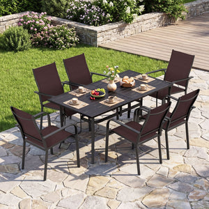 7-Piece Patio Dining Set for 6 with Rectangle Metal Table and Stackable Breathable Mesh Armchairs-Brown view 2