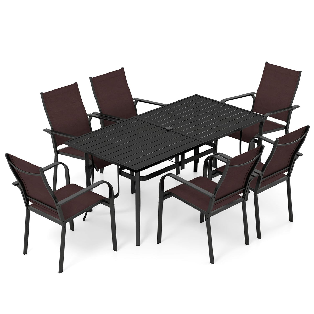 7-Piece Patio Dining Set for 6 with Rectangle Metal Table and Stackable Breathable Mesh Armchairs-Brown