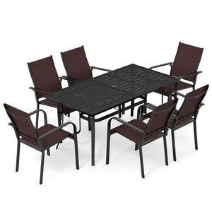7-Piece Patio Dining Set for 6 with Rectangle Metal Table and Stackable Breathable Mesh Armchairs-Brown