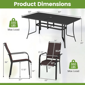 7-Piece Patio Dining Set for 6 with Rectangle Metal Table and Stackable Breathable Mesh Armchairs-Brown view 4