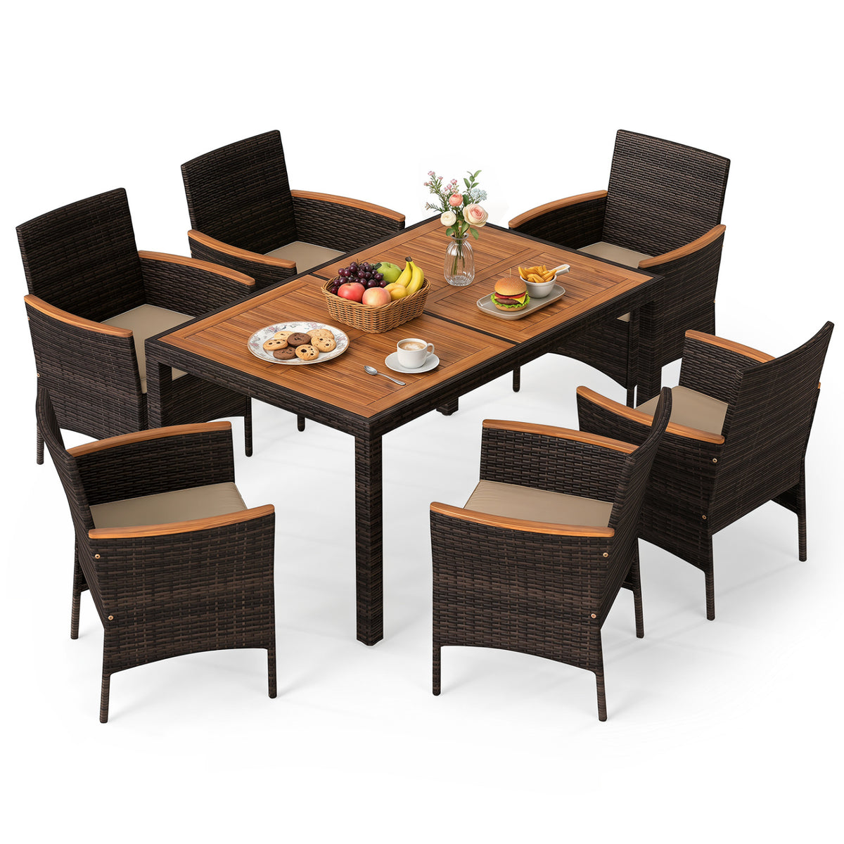 7-Piece Patio Dining Set with Wood Tabletop and Padded Cushion for Backyard-Brown view 4