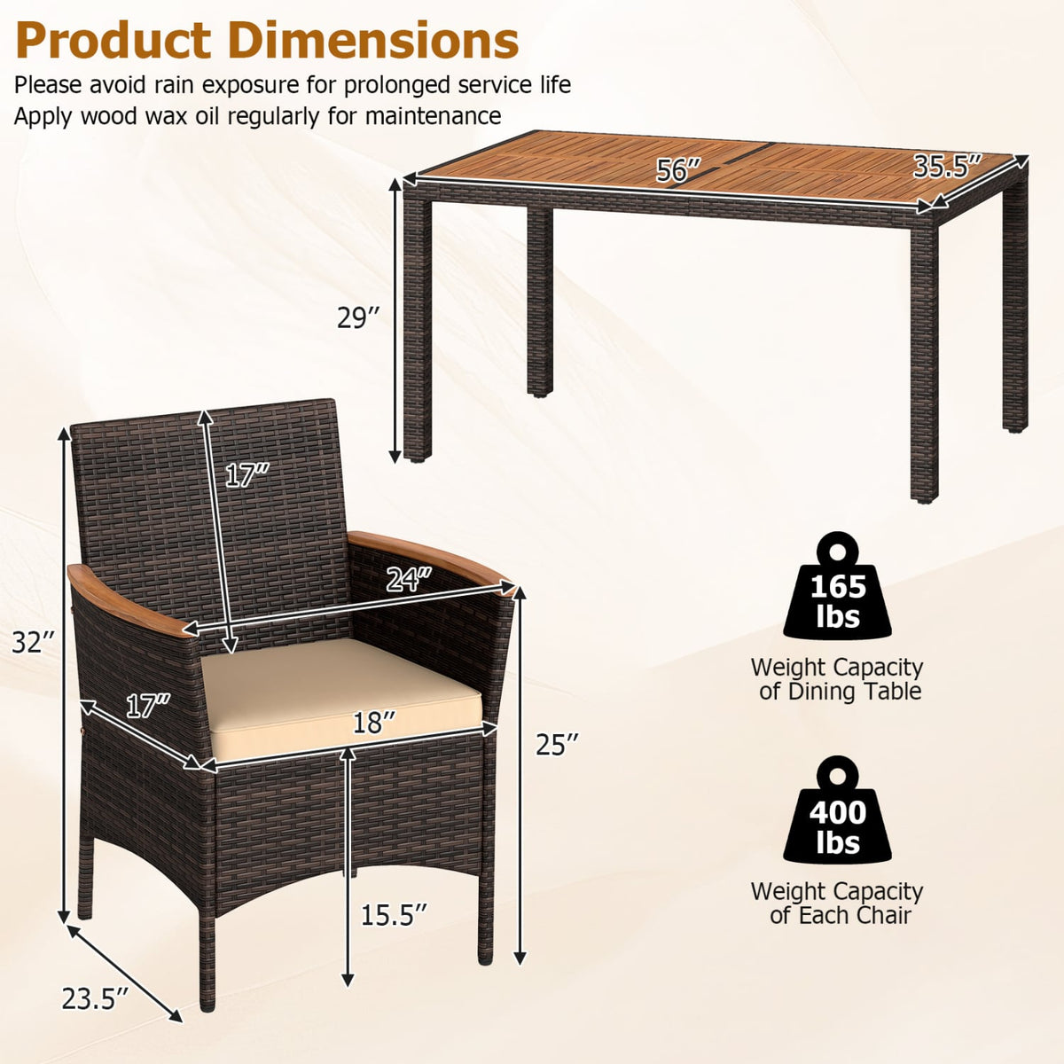 7-Piece Patio Dining Set with Wood Tabletop and Padded Cushion for Backyard-Brown view 5