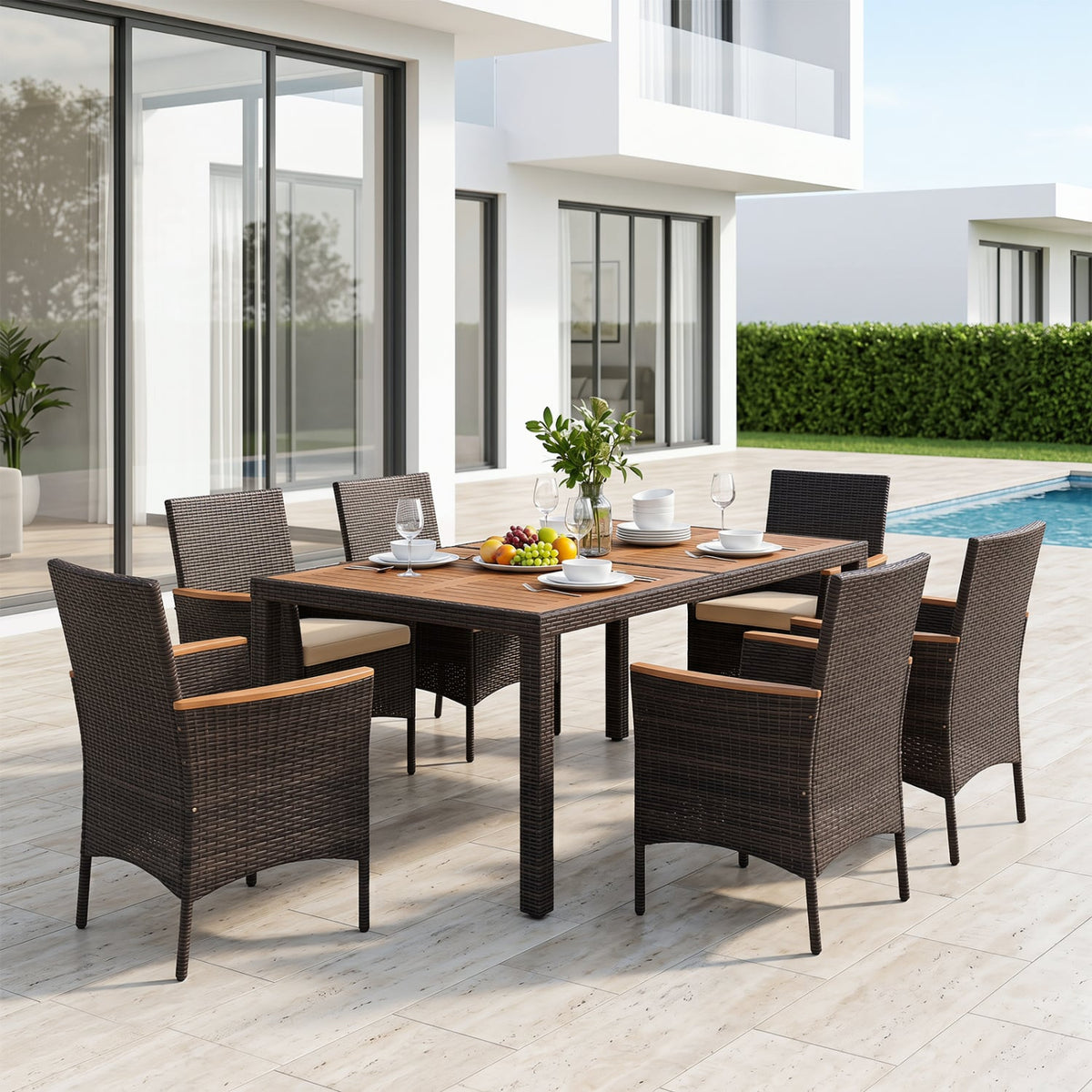 7-Piece Patio Dining Set with Wood Tabletop and Padded Cushion for Backyard-Brown view 6