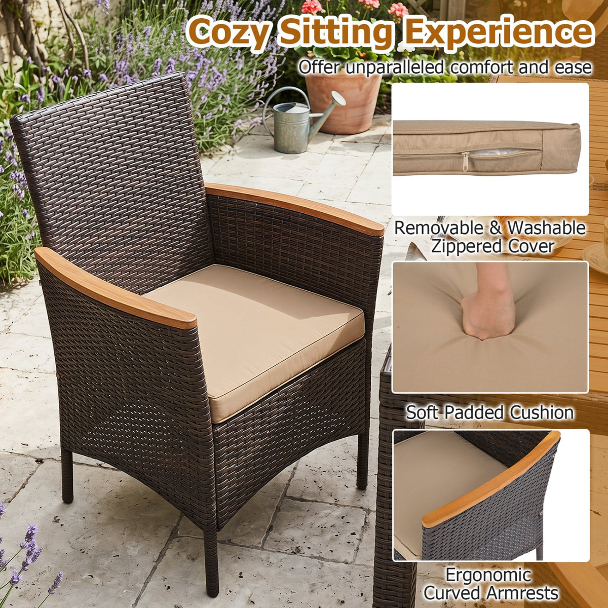 7-Piece Patio Dining Set with Wood Tabletop and Padded Cushion for Backyard-Brown view 7