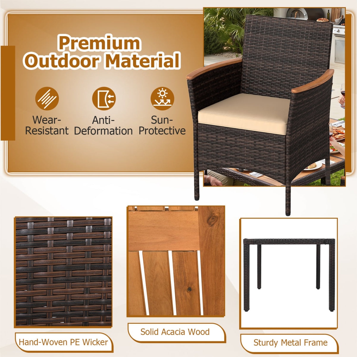 7-Piece Patio Dining Set with Wood Tabletop and Padded Cushion for Backyard-Brown view 8