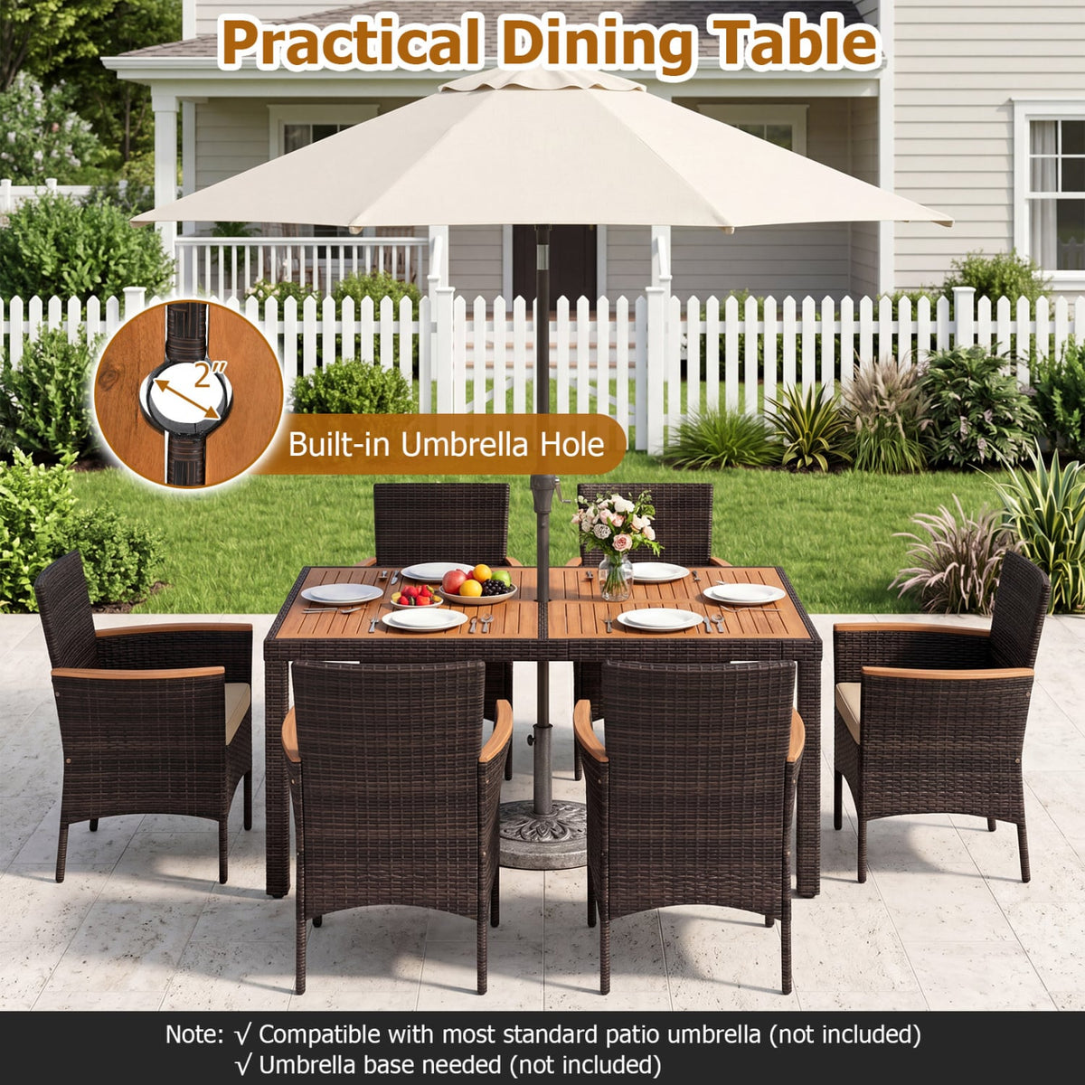 7-Piece Patio Dining Set with Wood Tabletop and Padded Cushion for Backyard-Brown view 9