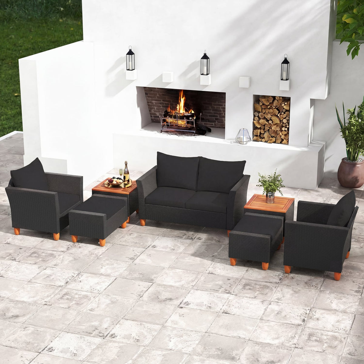 7 Pieces Patio Furniture PE Rattan Sectional Sofa Set with Armchairs and Table-Black view 2