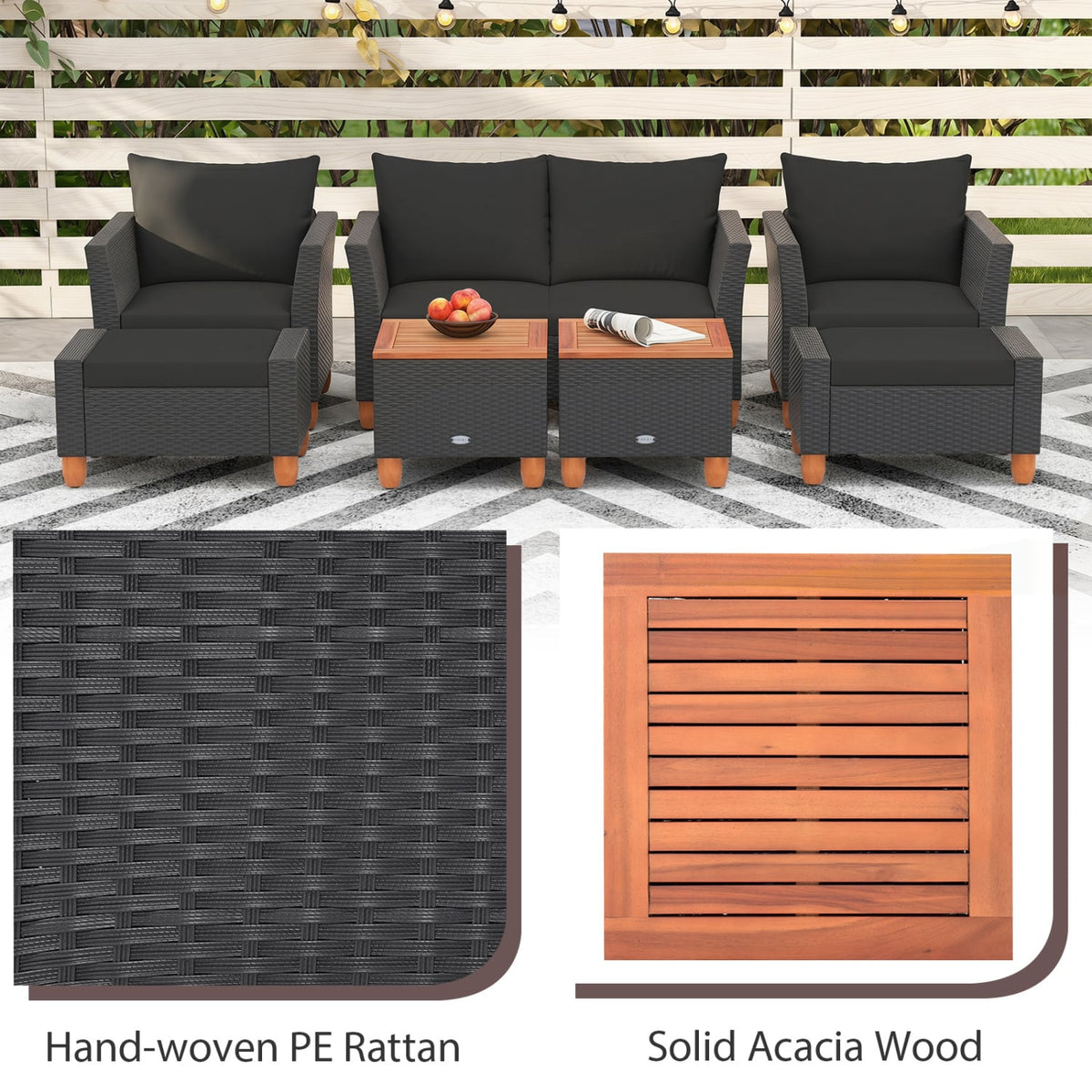 7 Pieces Patio Furniture PE Rattan Sectional Sofa Set with Armchairs and Table-Black view 7