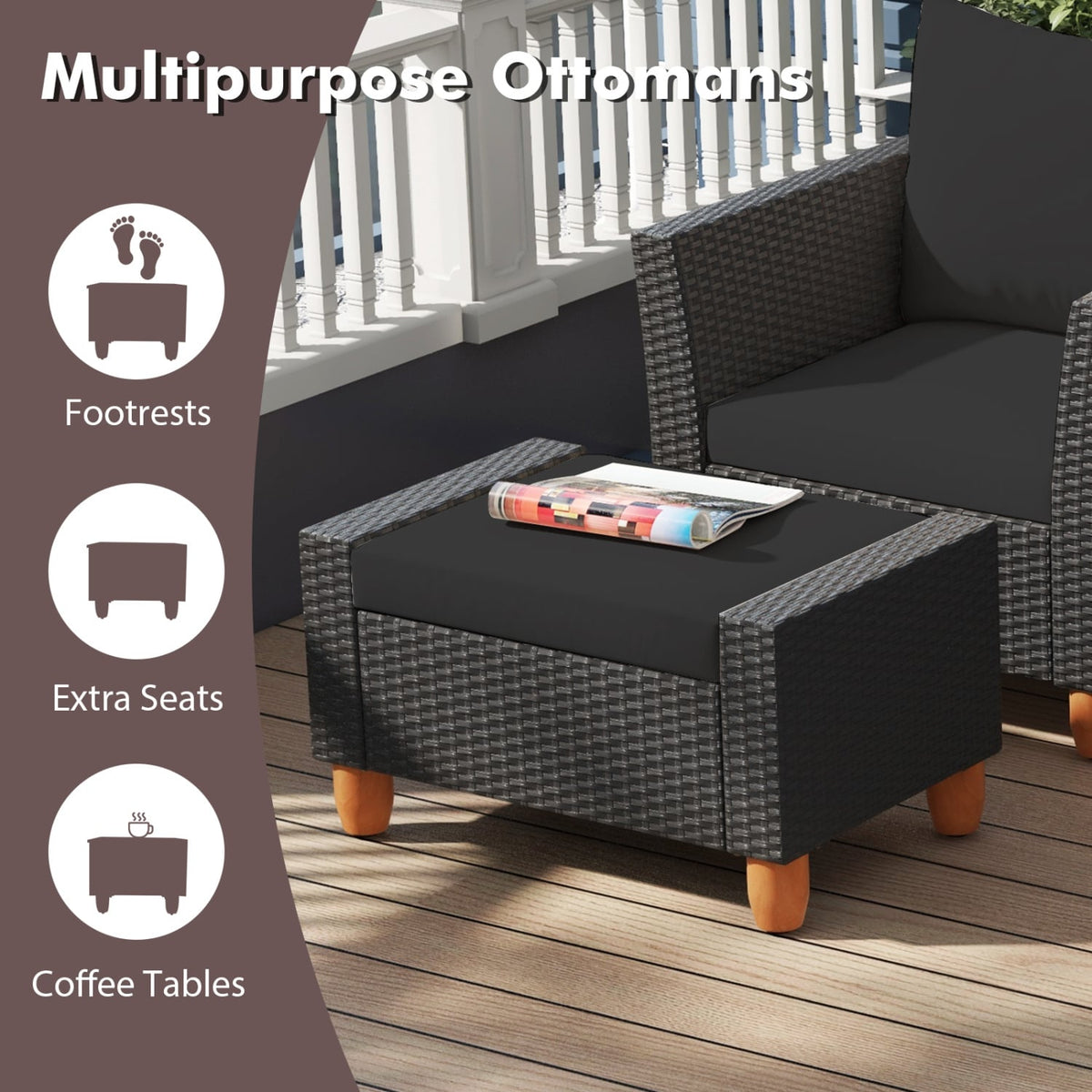 7 Pieces Patio Furniture PE Rattan Sectional Sofa Set with Armchairs and Table-Black view 8