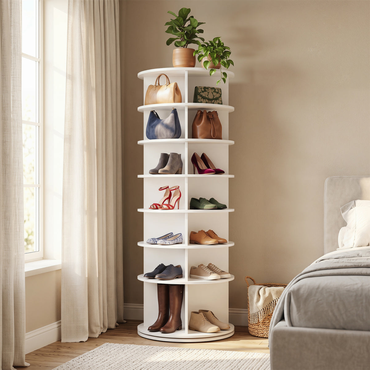 7-Tier Rotating Shoe Rack Tower Freestanding Spinning Shoe Organizer-White view 3