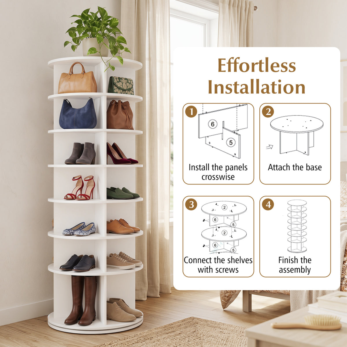 7-Tier Rotating Shoe Rack Tower Freestanding Spinning Shoe Organizer-White view 9