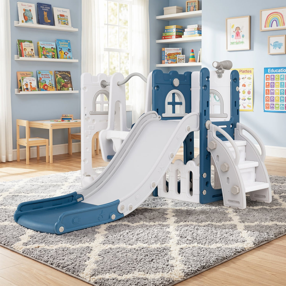 7-in-1 Toddler Swing and Slide Set L-shaped with Ladder and Basketball Hoop-Blue view 2