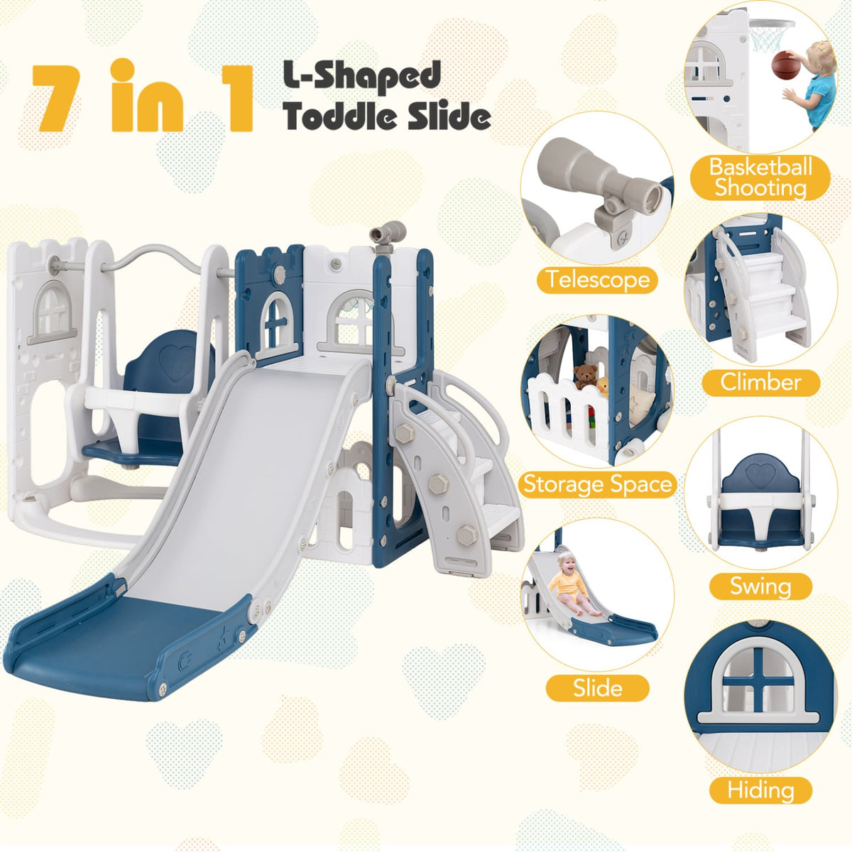 7-in-1 Toddler Swing and Slide Set L-shaped with Ladder and Basketball Hoop-Blue view 5