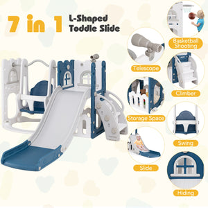 7-in-1 Toddler Swing and Slide Set L-shaped with Ladder and Basketball Hoop-Blue view 5