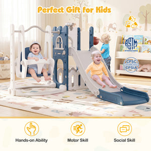 7-in-1 Toddler Swing and Slide Set L-shaped with Ladder and Basketball Hoop-Blue view 9