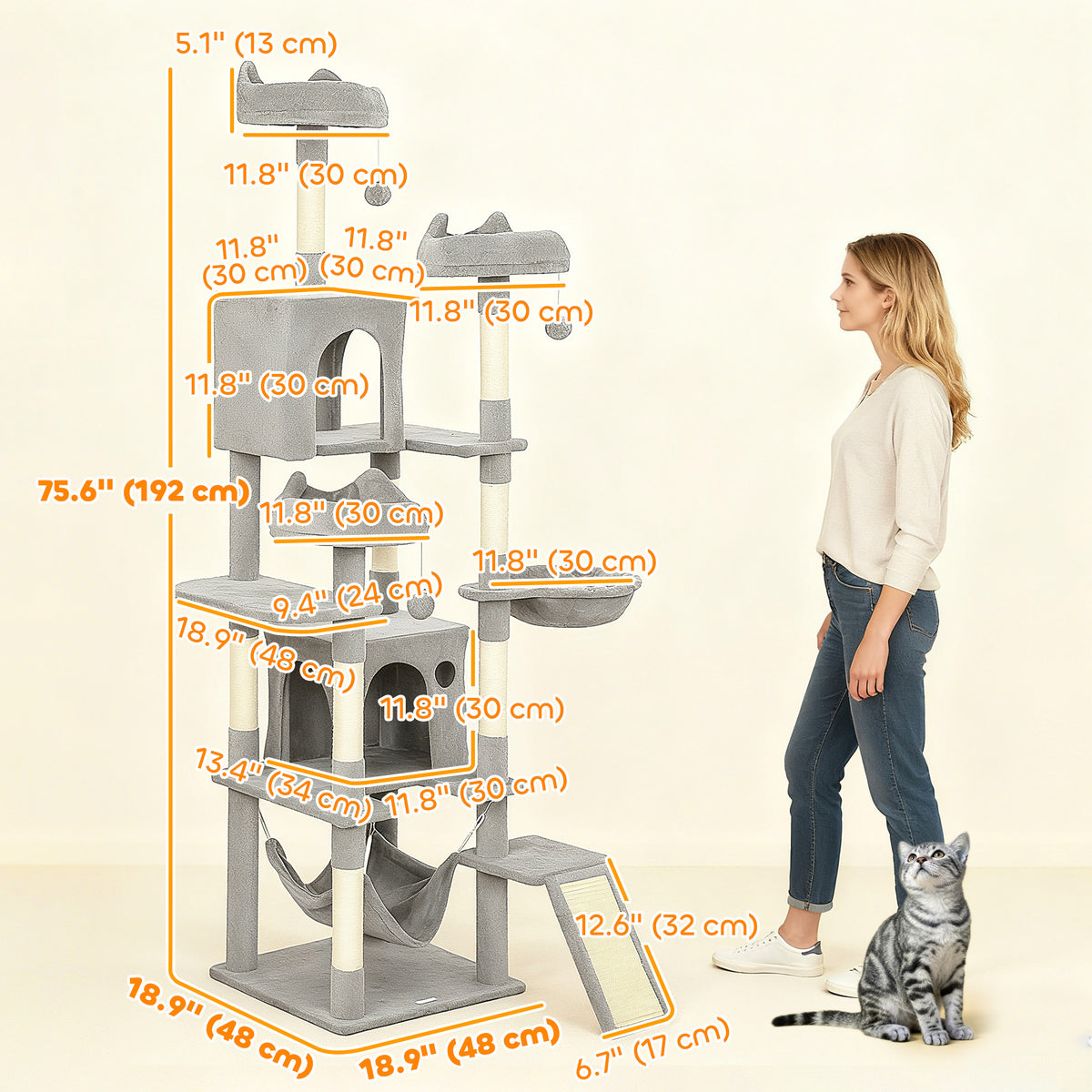 76" Large Cat Tree for Indoor Cats with 8 Scratching Posts, 3 Plush Beds, 2 Hammocks, 2 Large Condos, Ramp – view 9