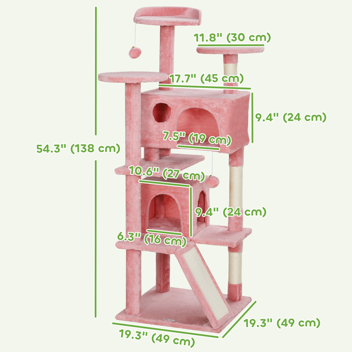 54" Cat Tree, Multi-Level Cat Tower with Scratching Posts, Cat Condos, Bed, Platforms, Ramp, Toy Ball, Beige – view 44