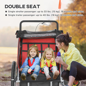 Aosom 2-in-1 Bike Trailer for Kids, Foldable 2-Seat Baby Stroller with 5-Point Harness, Rubber Wheels, Storage Bag