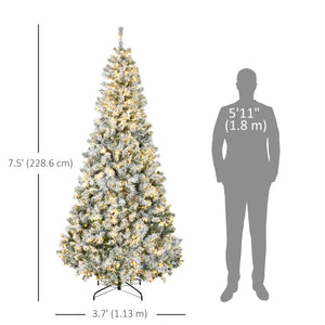 7.5ft Artificial Prelit Christmas Tree with Warm White LED Light, Snow Flocked Branches, Metal Base, Xmas Tree