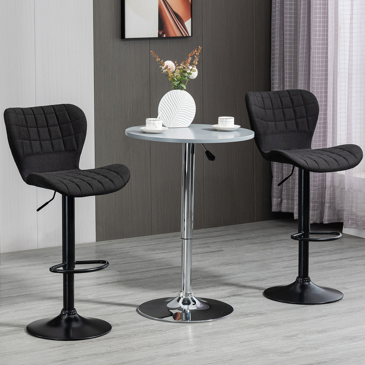 Bar Stools Set of 2, Adjustable Height Swivel Bar Chairs, Linen-feel Fabric Upholstered Kitchen Counter Stools with Wide Seat, Back and Footrest, Black