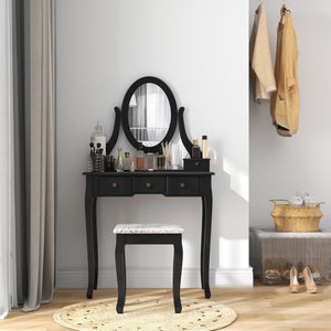 Vanity Desk with Stool, Makeup Vanity with 360° Rotating Oval Mirror, 5 Drawers and Padded Seat, Dressing Table for Bedroom, Black