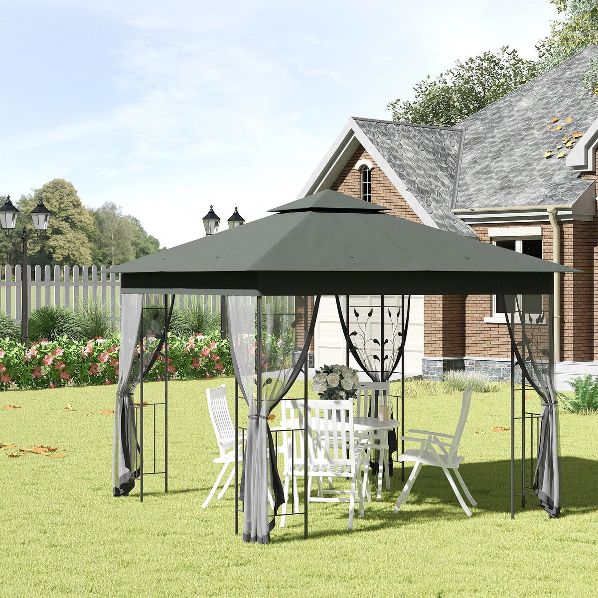10'x10' Soft-top Steel Patio Gazebo Outdoor Sun Shelter with 2-Tier Polyester Roof, Curtain Sidewalls, Beige – view 28