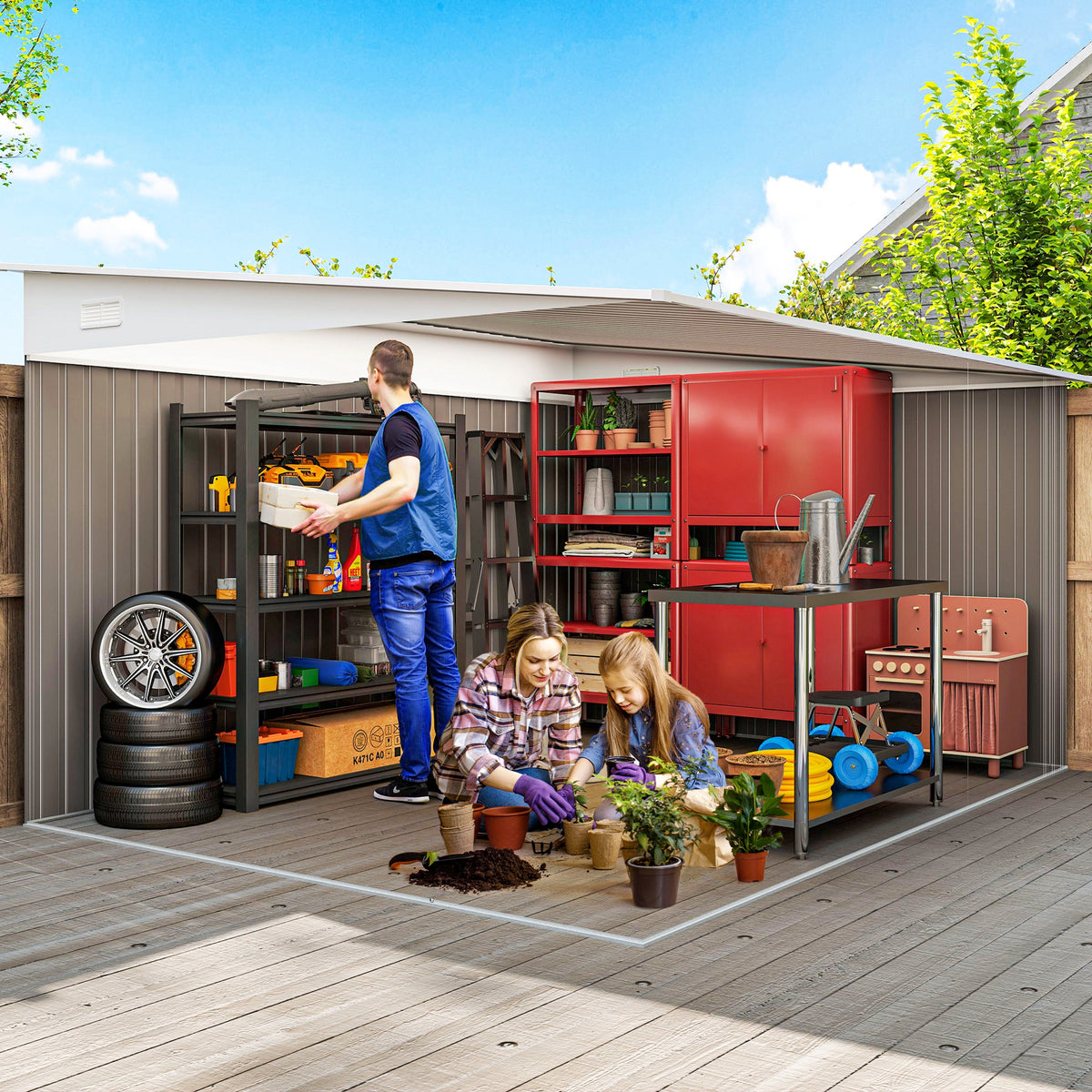 11' x 9' Steel Garden Storage Shed, Outdoor Metal Tool House with Double Sliding Doors & 2 Air Vents, Grey – view 3