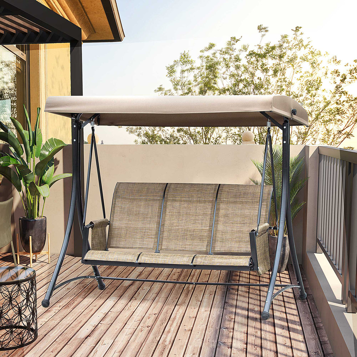 3 Person Porch Swing Outdoor Swing Chair with High Back Design, Side Pouches and Adjustable Canopy, Brown – view 7