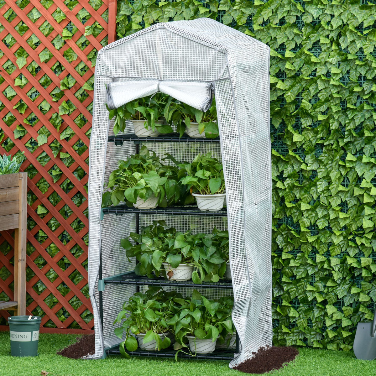 Portable Greenhouse Outdoor Hot House with 4 Tier Shelves, Steel Frame, PE Cover, 28" x 20" x 63" , White – view 12