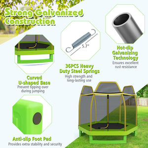7FT Kids Trampoline with Safety Enclosure Net-Green view 7