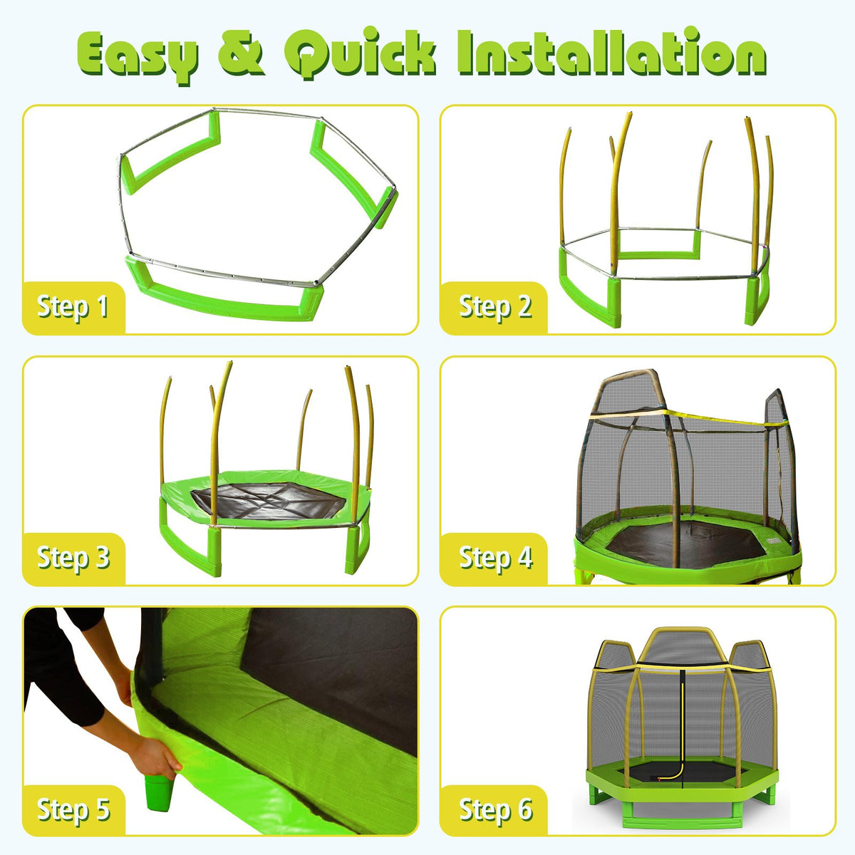 7FT Kids Trampoline with Safety Enclosure Net-Green view 9