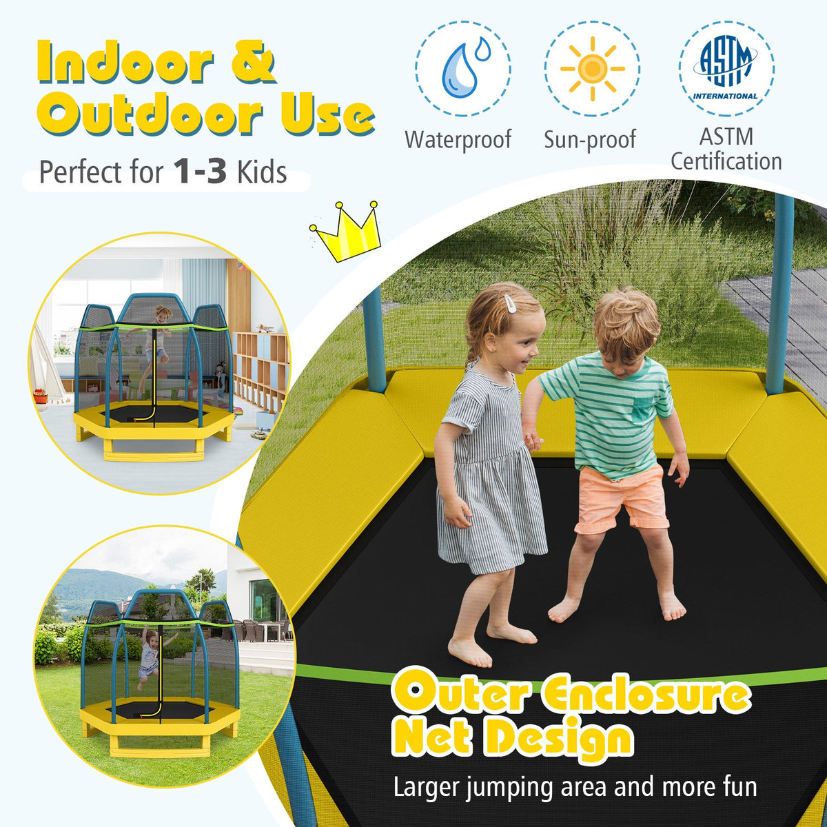 7 ft Kids Trampoline W/ Safety Enclosure Net-Yellow view 5