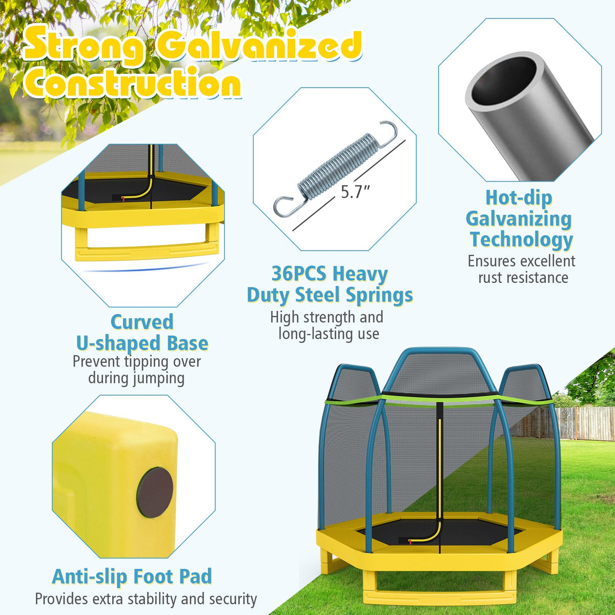 7 ft Kids Trampoline W/ Safety Enclosure Net-Yellow view 7
