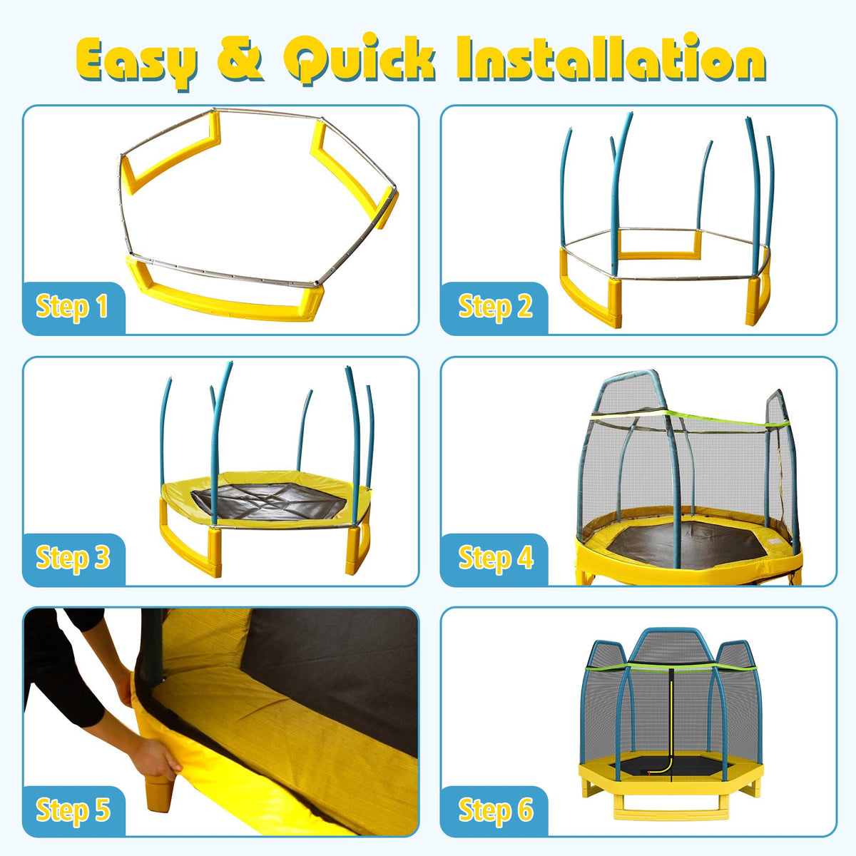 7 ft Kids Trampoline W/ Safety Enclosure Net-Yellow view 9