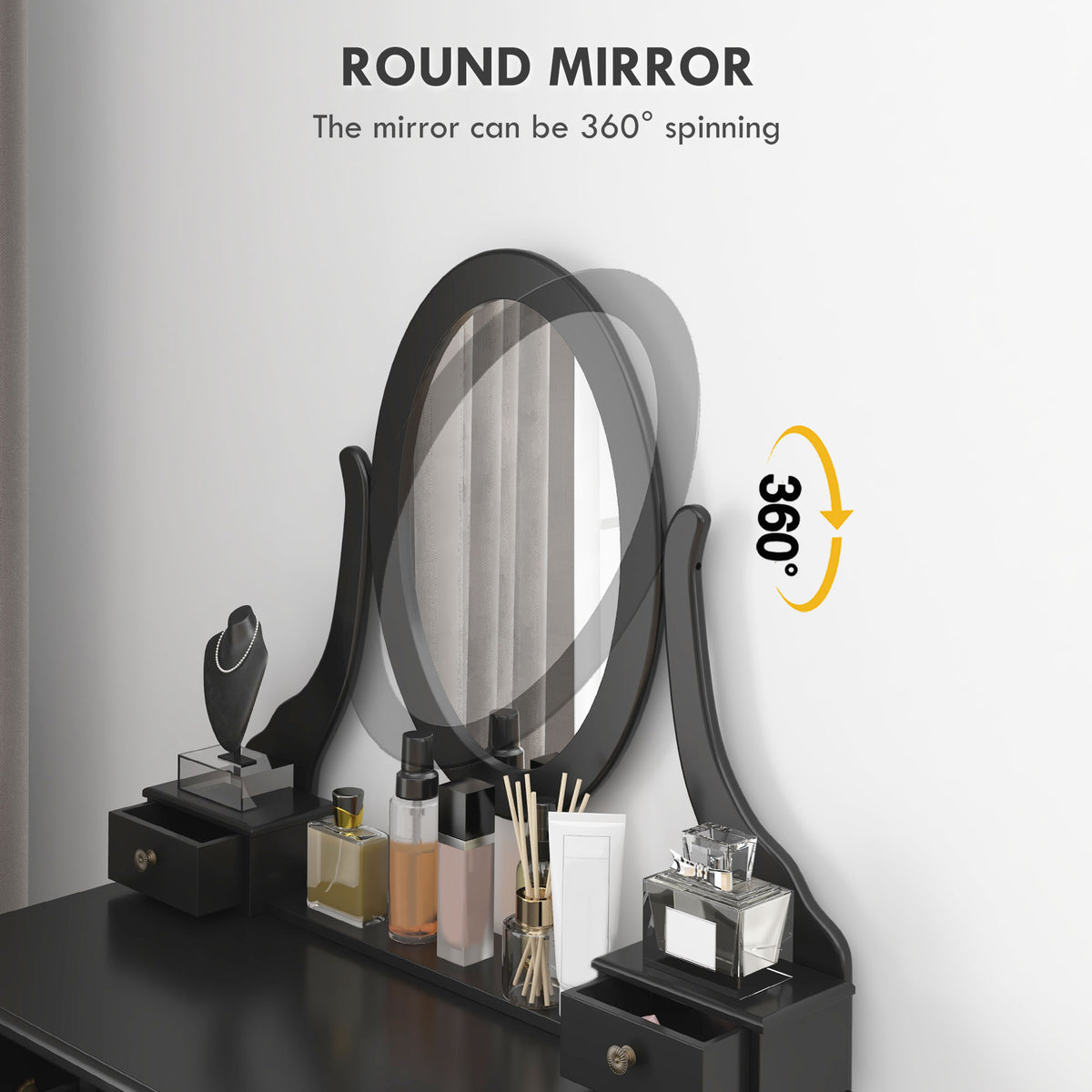 Vanity Desk with Stool, Makeup Vanity with 360° Rotating Oval Mirror, 5 Drawers and Padded Seat, Dressing Table for Bedroom, Black