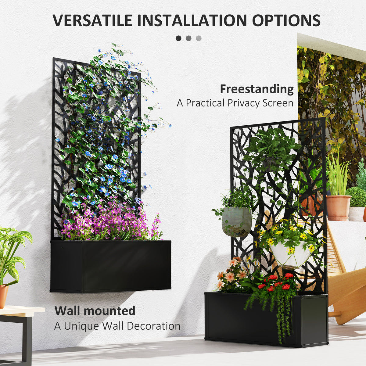 Metal Raised Garden Bed with Privacy Panel, Freestanding or Wall Mounted Outdoor Planter Box for Garden, Patio