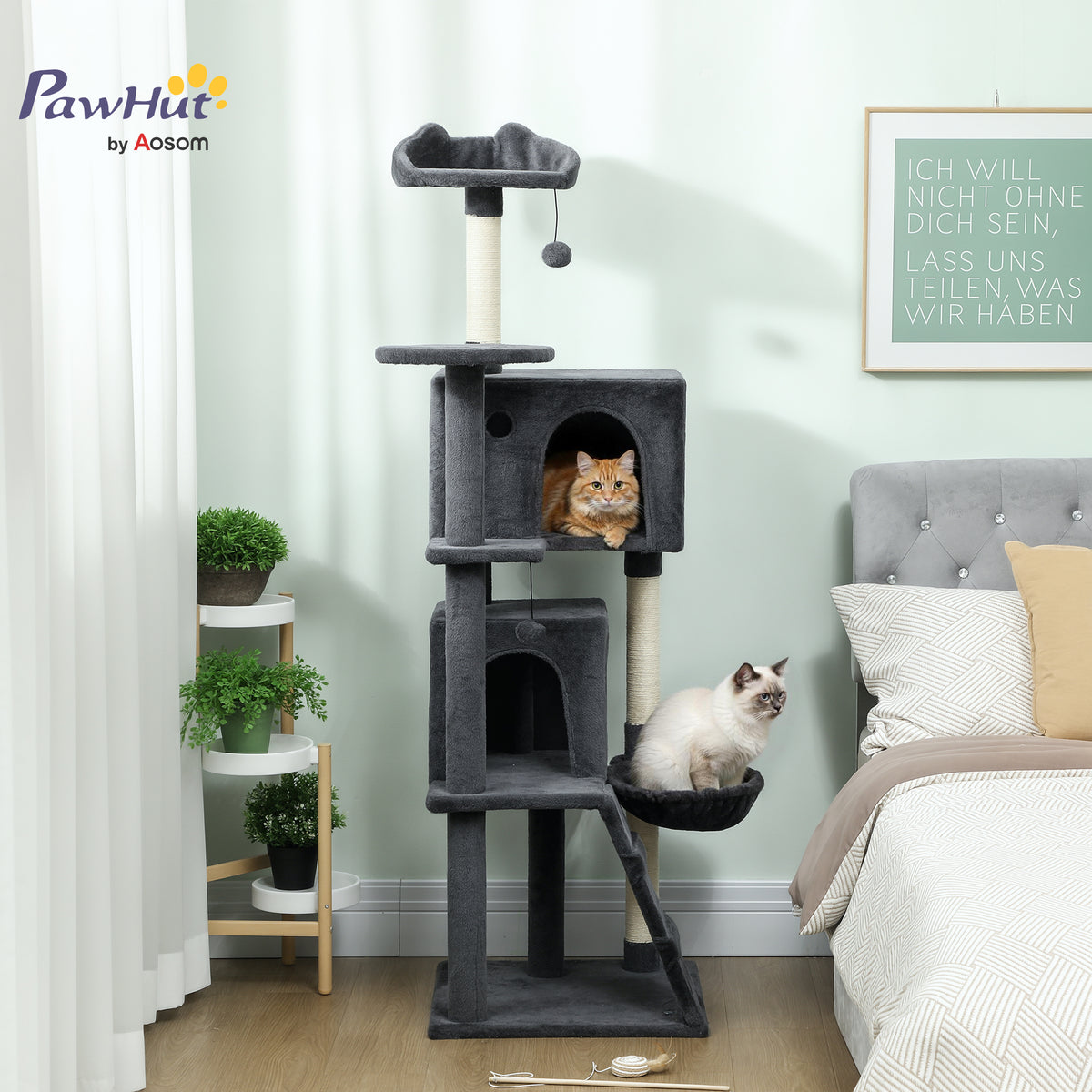 63 Inch Cat Tree with Sisal Scratching Posts, Condos, Plush Perches, Hammock, Ladder, Dangling Balls, Beige – view 14