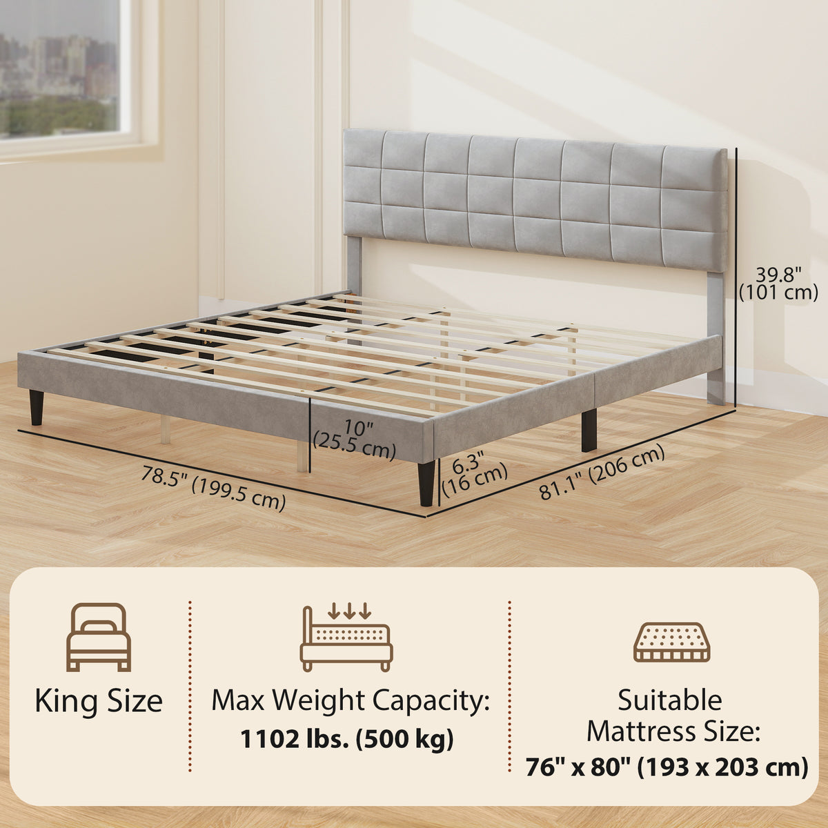 Queen Size Bed Frame with Upholstered Headboard, Modern Platform Bed Frame with Wood Slats, 1100 lbs Capacity, Cream