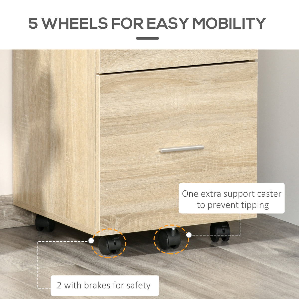 Mobile Filing Cabinet, Vertical File Cabinet with 2 Drawers, Wheels, for Letter or A4 File, Natural