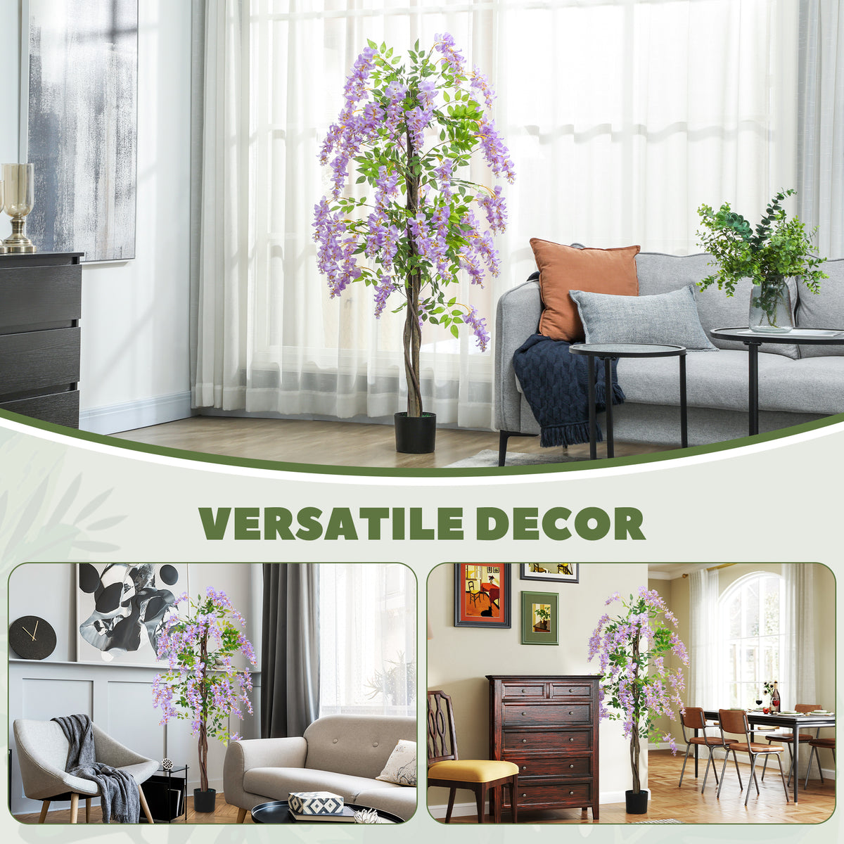5.9FT Fake Wisteria Tree with Natural Wood Trunk, Artificial Plant in Nursery Pot, Greenery Tall Faux Floor Plant Purple