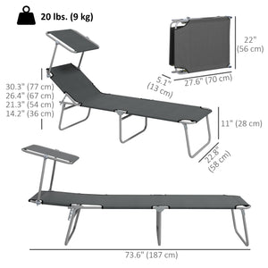 2Pcs Outdoor Lounge Chair, Adjustable Folding Chaise Lounge with Sun Shade for Beach, Camping, Hiking, Grey