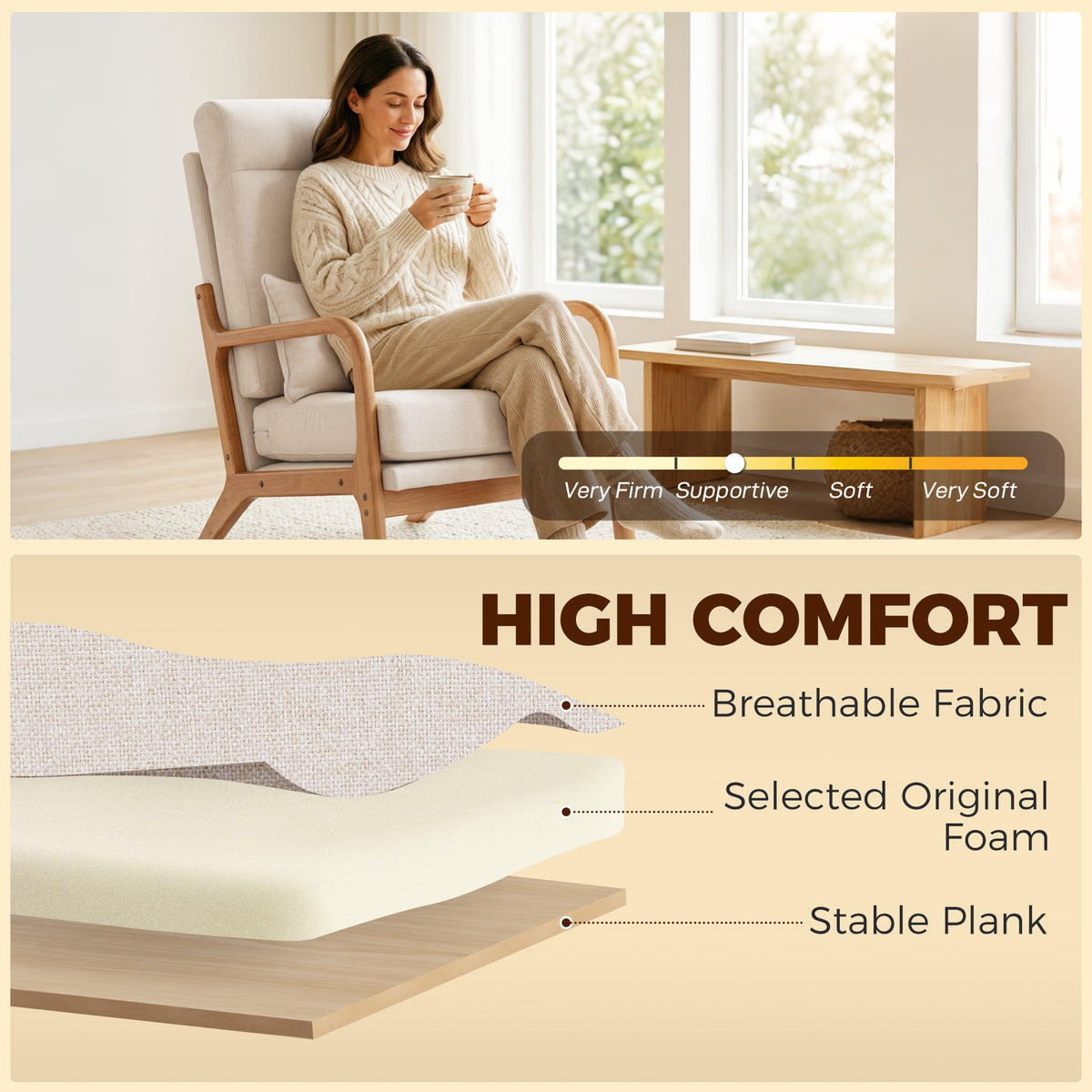 Modern Accent Chair, Linen Armchair with Lumbar Pillow, High Back, Wide Seat, Thick Cushion, Solid Wood Frame, Cream White