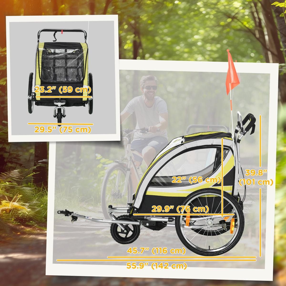 Aosom 2 Seat Bike Trailer for Kids 2-in-1 Double Baby Stroller with Handbrake, Rubber Wheels, 5 Point Harness, Waterproof Cover, Storage Bag, Reflectors