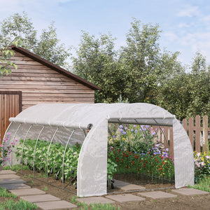 20'x10'x6.6' Tunnel Greenhouse with UV-Resistant Cover, Zippered Door and 12 Roll-up Windows, Outdoor Green House for Garden Plant, White
