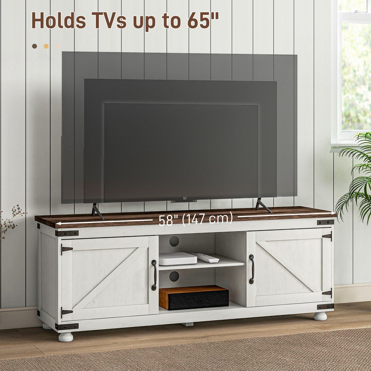 Farmhouse TV Stand Small Minimalist Barn Doors Cable Management for 65" TV Small Space Apartment Distressed White