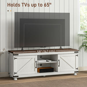 Farmhouse TV Stand Small Minimalist Barn Doors Cable Management for 65" TV Small Space Apartment Distressed White