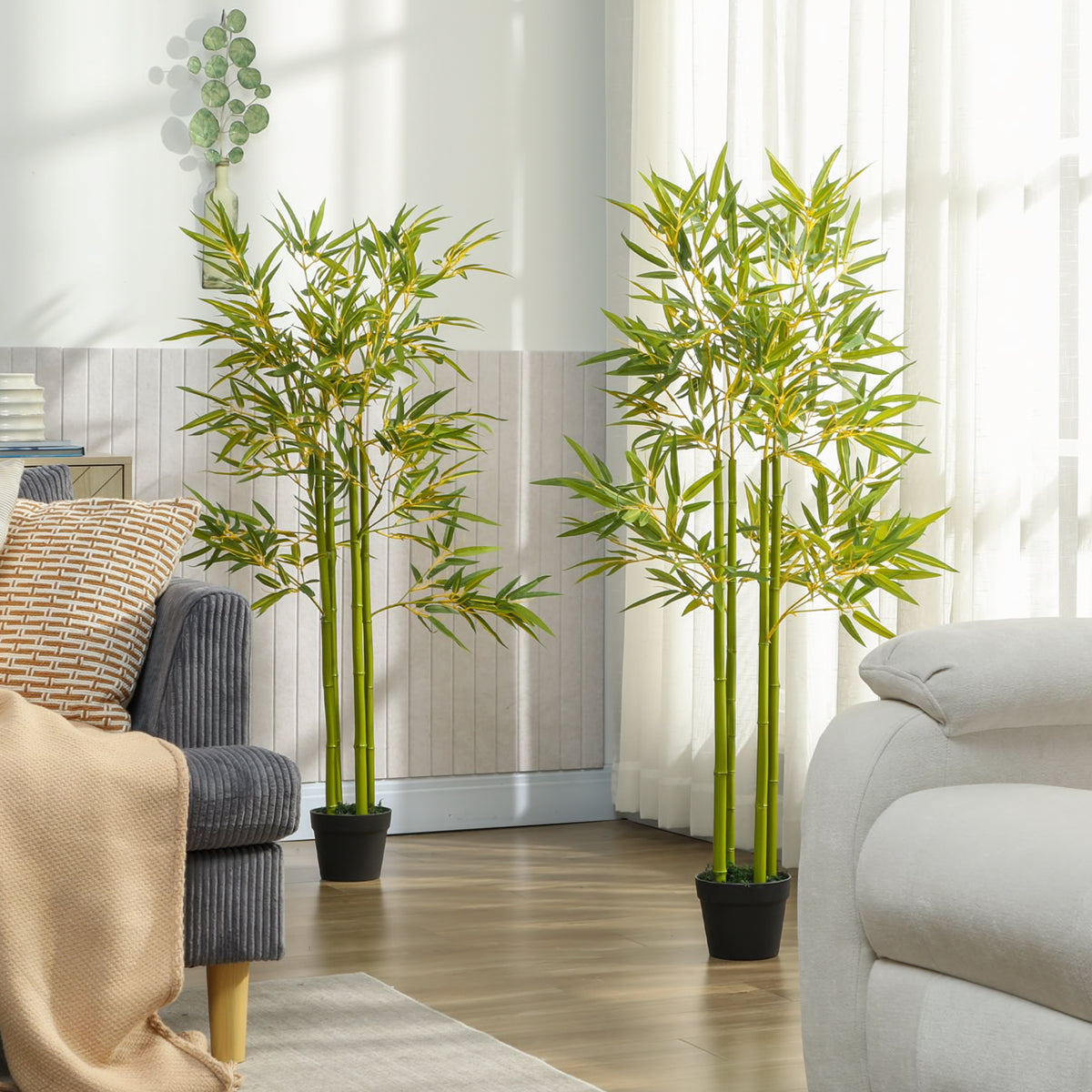 4FT Artificial Bamboo Tree Set of 2, Faux Decorative Plant in Nursery Pot for Indoor Decor